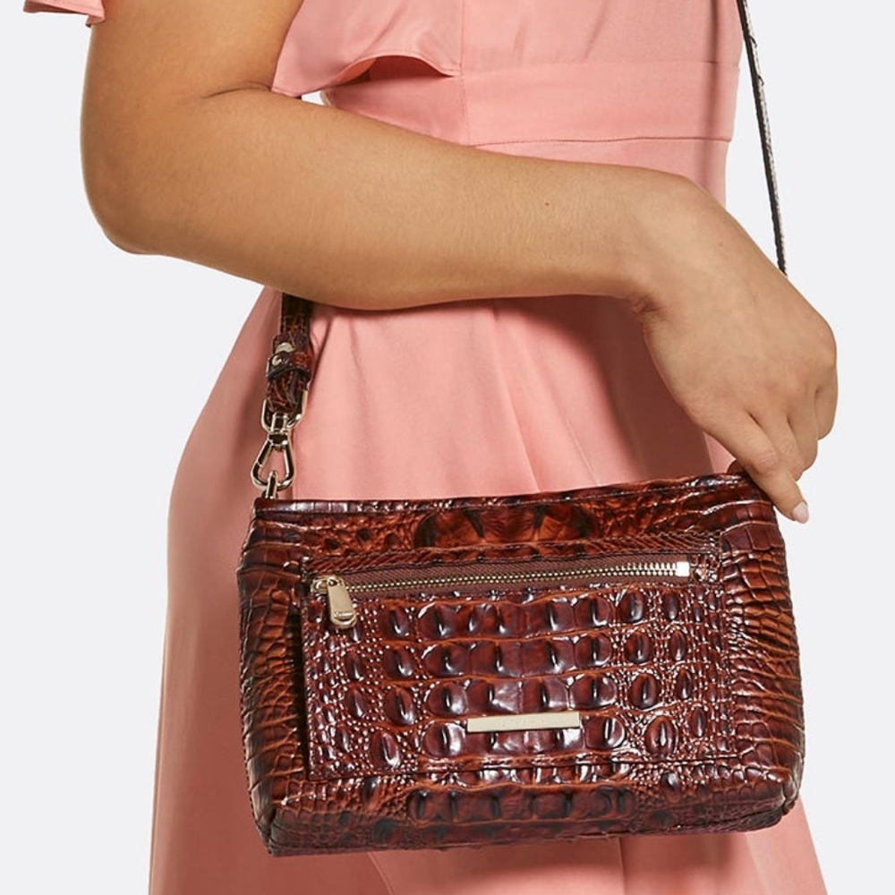 BRAHMIN Vida Crossbody Pecan Melbourne Croc Embossed Leather